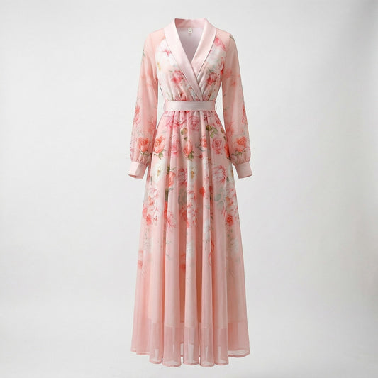 Addison Floral Chiffon Maxi Dress in Soft Blush Pink, an elegant long-sleeve dress for wedding guests.