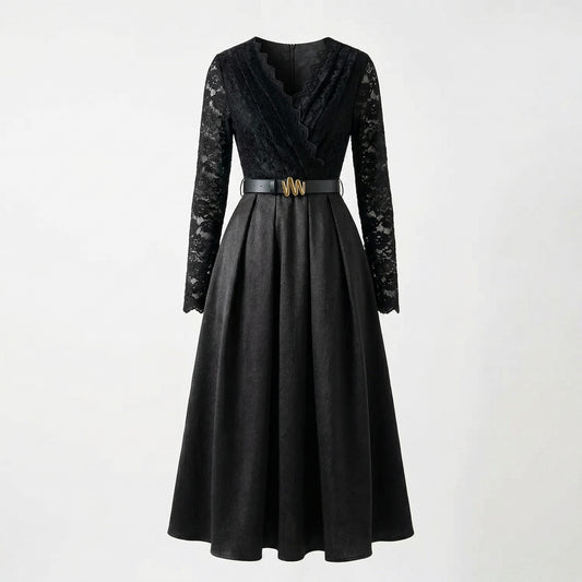 Adelmira midi-maxi dress in brown and black featuring a floral lace long-sleeve bodice, pleated skirt, and gold buckle belt.