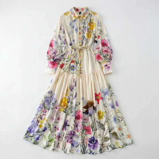 Full-length view of Adibah cream floral maxi dress with pink and purple flowers, bishop sleeves, and a braided rope belt