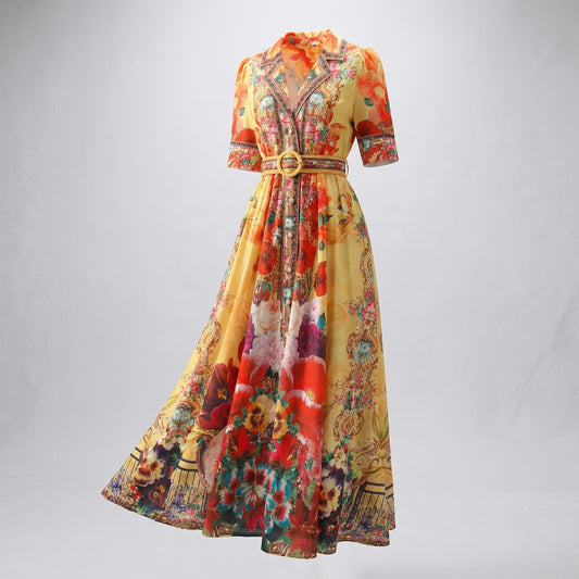 Front view of Annie floral maxi dress in white and yellow, 135cm (53 inches) long, featuring button-down front and white circular buckle belt.