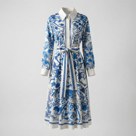 Model wearing the Aurora 115cm blue floral toile midi shirt dress with long sleeves and a matching waist sash against a white background.