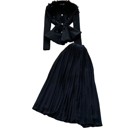 Shop our elegant 2-piece set featuring a butterfly applique peplum blazer and a pleated maxi skirt. Perfect for formal events. Available in Black and Burgundy.