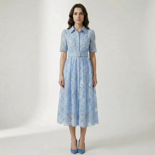 Carol floral lace midi dress in light blue, ivory, and pink featuring pearl-trimmed pockets and a matching buckle belt on a flat lay display.