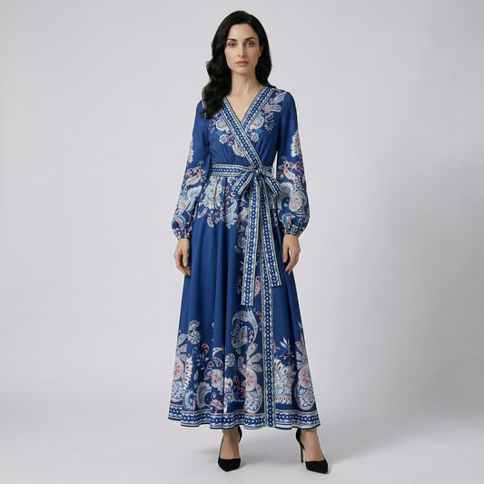 Danelle midnight blue paisley maxi dress featuring a v-neck and waist tie.