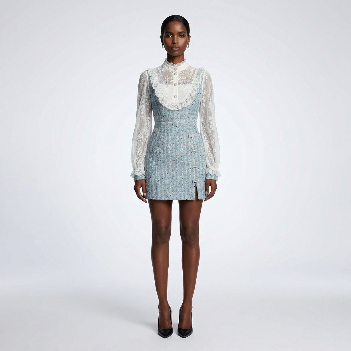 blue tweed mini dress Emi with Lace Sleeves Low Iron If Needed Talla:US6 Cabernet Black Dress Shirt And