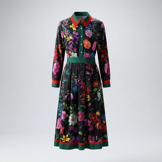 Flat lay of the Eva Midnight Black floral midi dress featuring vibrant flowers and red-green contrast trim.