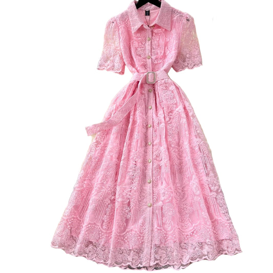 Elegant floral lace button-down midi dress in beige with pearl buckle belt and scalloped short sleeves.