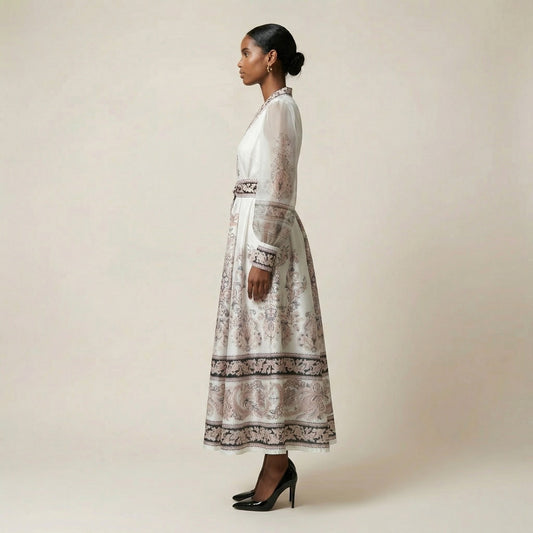 A woman modeling the Gabriella black ribbed knit maxi dress featuring a long-sleeve bodice and a side-pleated accordion skirt with a white and orange sunset ombré design.