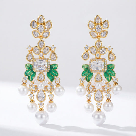 Gold chandelier earrings with cubic zirconia rhinestones and cream pearl teardrops 5.8 cm white