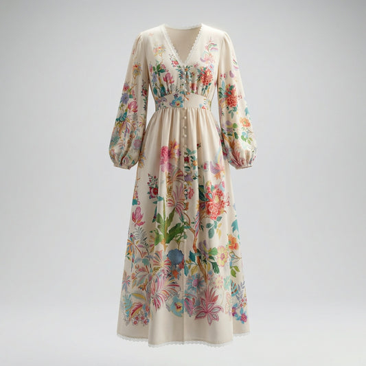 Full-length Hana floral maxi dress in cream with colorful botanical print, balloon sleeves, and woven straw belt.