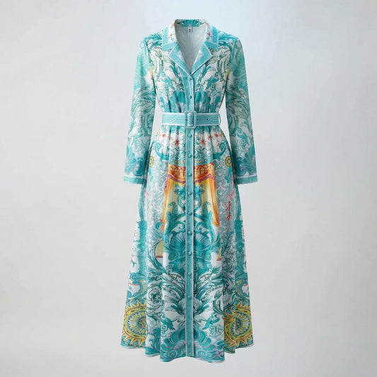 oan long sleeve maxi dress in emerald turquoise baroque print with matching buckle belt.