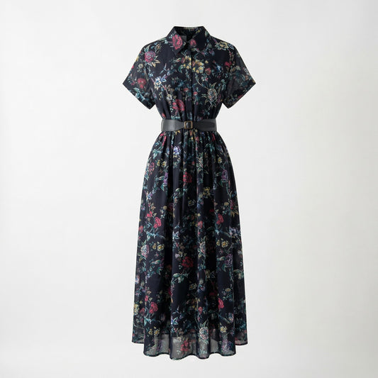 Juliana Floral Maxi Dress in white and black floral prints featuring a belted waist and button-down front, 130 cm length.