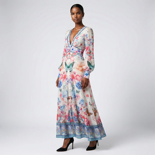 Front view of the Julie maxi dress in white featuring colorful floral and butterfly prints with a button-down front and V-neckline.