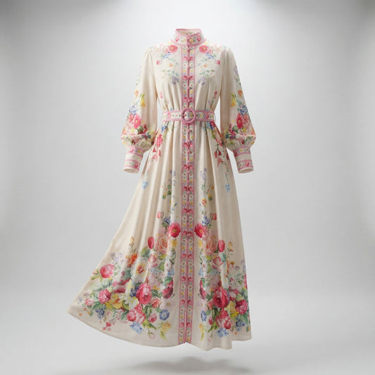 Full-length view of the Kate Floral Garden Maxi Dress in cream with pink rose print, featuring lantern sleeves and a matching belt.