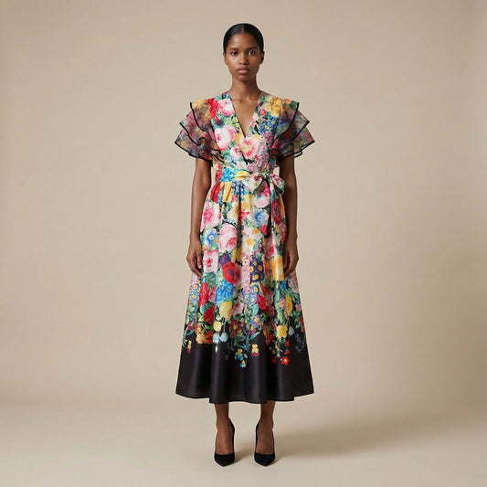 The Kellie maxi dress in black featuring a side-pleated accordion skirt with an orange ombré transition and a matching waist belt.