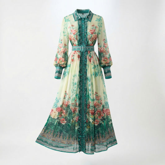 Woman wearing the Lea Maxi Dress, a 140cm (55 inch) floor-length flowy gown in green.