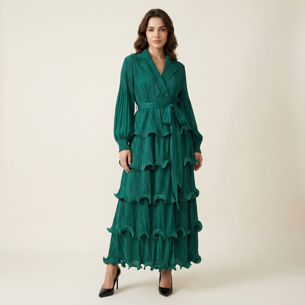 Pleated Ruffle Maxi Dress with Long Sleeves for Women Emerald Green / One Size Fits Most from Size S to L (FR)