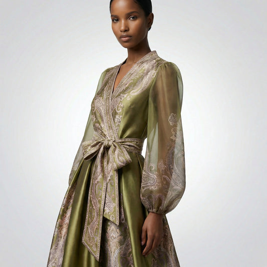 Long-sleeved olive green paisley print maxi dress with a wrap waist and sheer sleeves laid flat.