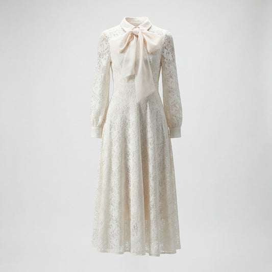 Manar long sleeve floral lace maxi dress with oversized satin pussy bow necktie in black, crimson red, and ivory cream.