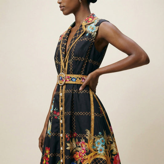 A model wearing the Martine black long-sleeved ribbed knit maxi dress featuring a side-pleated accordion skirt panel.