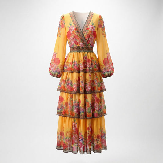 Melinda floral tiered maxi dress in pastel blue and yellow floral prints, 130 cm length with long sleeves.