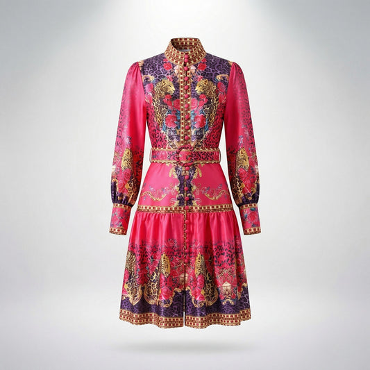 Front view of Michelle hot pink mini dress with baroque leopard print, mandarin collar, and belted waist.