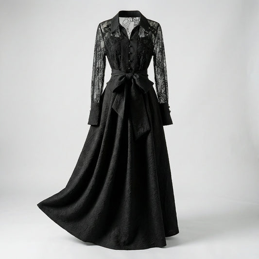 Full-length view of Monika 140cm maxi dress featuring sheer lace sleeves and textured wood-grain jacquard fabric in black and cream.