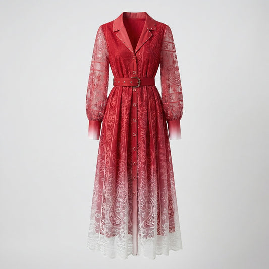 Nadia long-sleeved maxi dress in red, blue, and teal featuring paisley lace patterns, a belted waist, and 130cm floor-length hem.