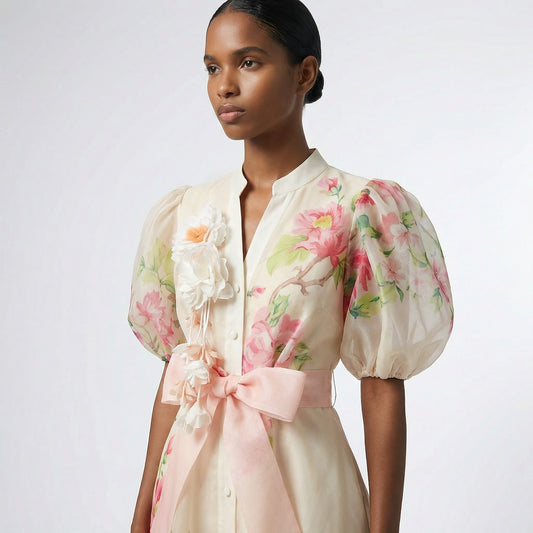 Naseri maxi dress with 3D floral appliqués and large puff sleeves in cream and navy floral print, 127cm length.