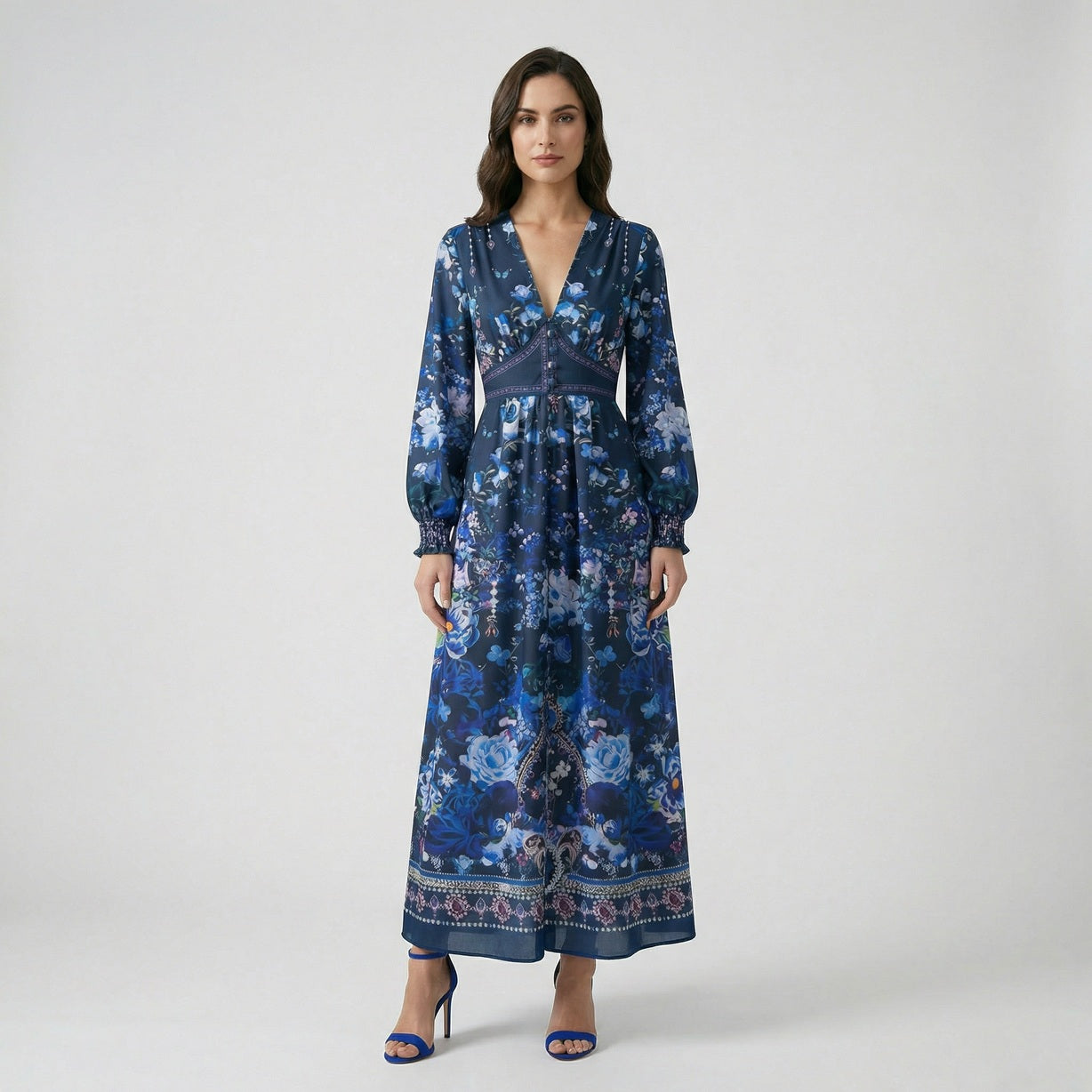 olivia floral maxi dress V Neck with Long Sleeves and Smocked Cuffs Blue / XXL Age_3Y Size:30