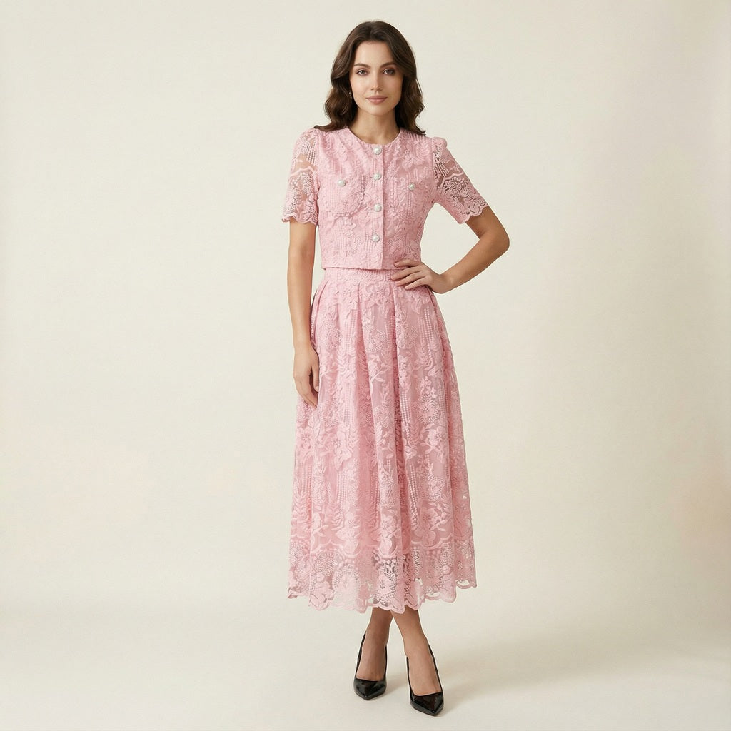 two piece lace midi dress Celeste Lace Spliced Two-Piece midi Set in Burgundy, flirty Lace crop top, elegant midi skirt set, high-waisted midi dress, women's dress, SOERA
