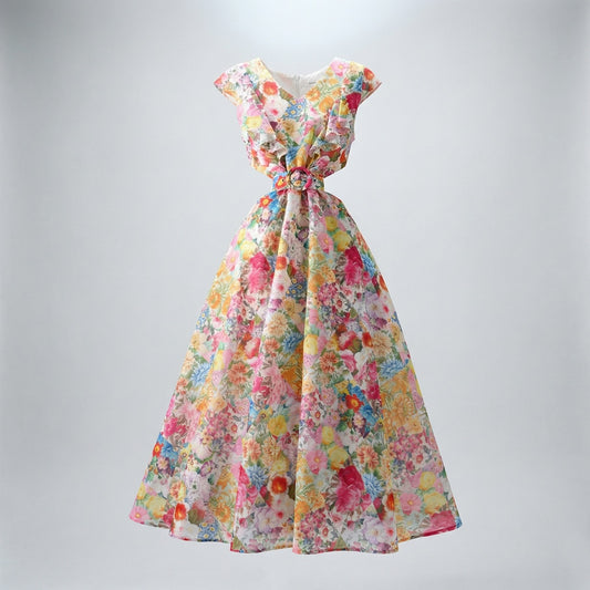 Full length view of the Seraphina multi-colored floral maxi dress with ruffles and a matching waist belt.