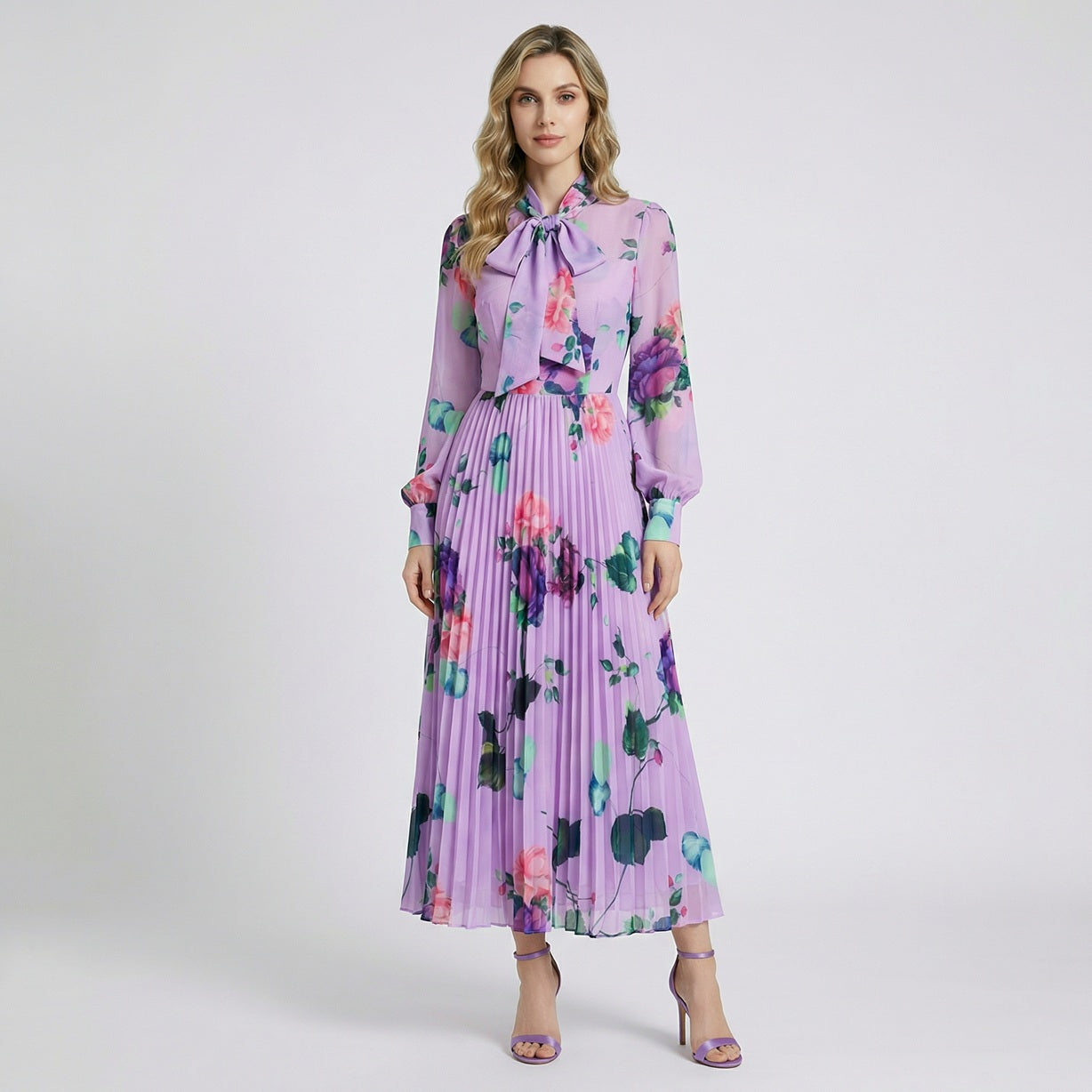 Sonia Lavender Floral Pleated Maxi Dress - 53" Long Sleeve Chiffon Gown Olivia Sophie Sonia Lavender Floral Pleated Maxi Dress - 53" Long Sleeve Chiffon Gown Olivia Sophie
