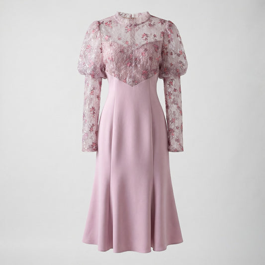 Front view of the Stella mauve mini dress featuring purple floral lace embroidery, puff sleeves, and a flared mermaid skirt.