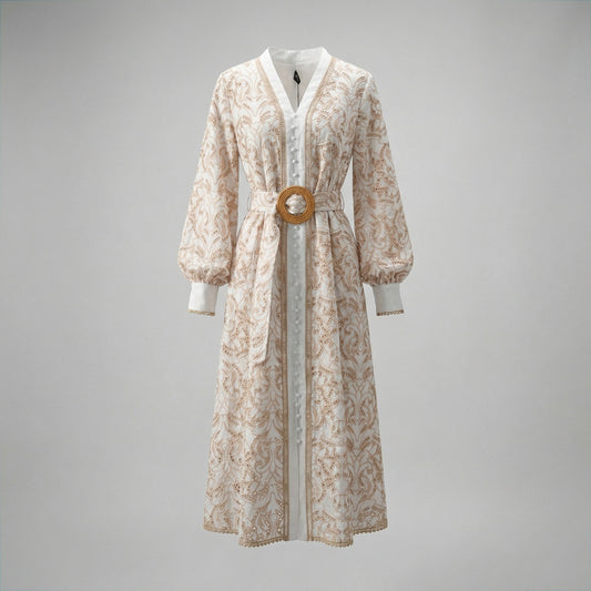 Tamara boho midi dress featuring white lace with tan embroidery, lantern sleeves, and a circular straw belt buckle.