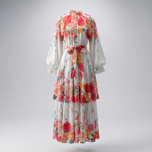 Front view of Tracy floral chiffon maxi dress in white with red rose and butterfly print, featuring tiered skirt and lantern sleeves.