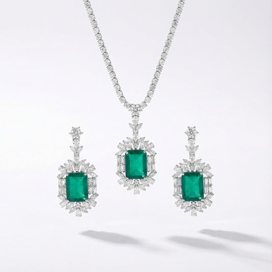 Yellow or emerald crystal drop necklace and earrings set with cubic zirconia rhinestones in silver color metal
