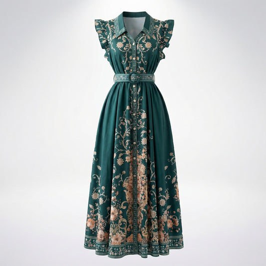 ayla maxi dress in teal green with ornate floral print, ruffle sleeves, and matching belt.