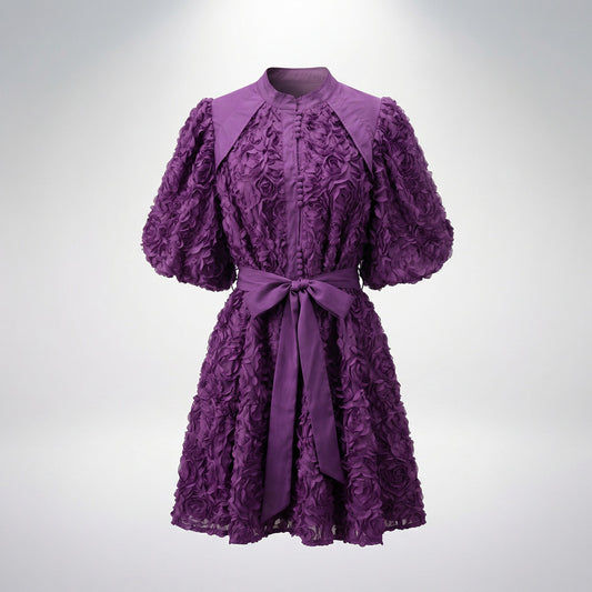 Zoe 3D rosette textured mini dress with puff sleeves and waist tie, 95cm length, available in black, pink, purple, wine, and cream.