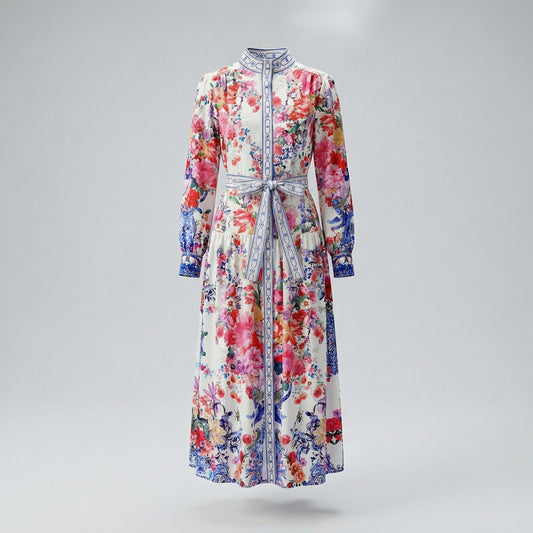 Woman wearing Zohra long sleeve maxi dress with pink floral and blue porcelain print, 130cm length.
