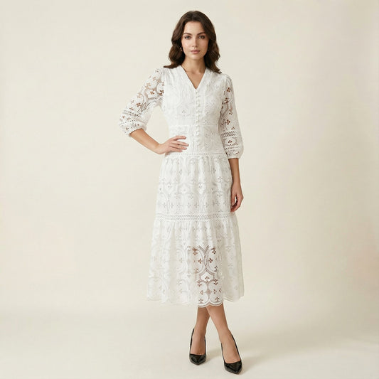 Christine White Lace Maxi Dress - Romantic Elegant Midi Sleeve Gown
