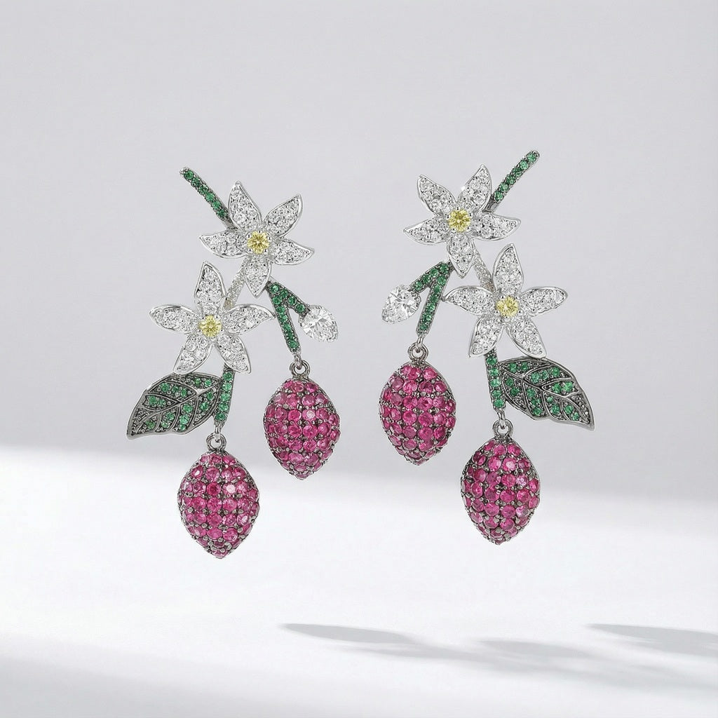 Garden inspired floral drop earrings with fuchsia and green colors and clear cubic zirconia stones