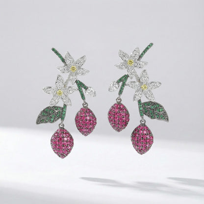 Garden inspired floral drop earrings with fuchsia and green colors and clear cubic zirconia stones