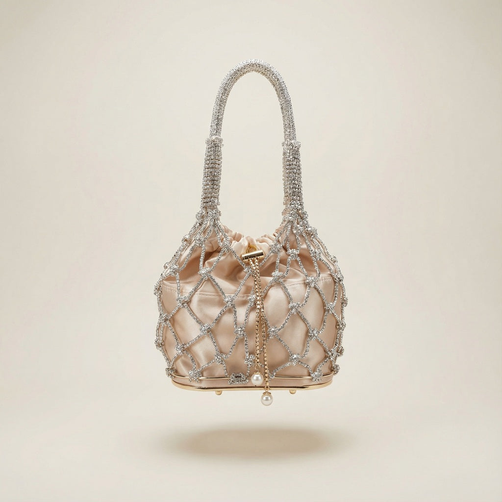 Abby Bag champagne rhinestone bucket bag with crystal style handles and pearl pendant