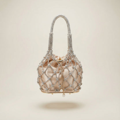 Abby Bag champagne rhinestone bucket bag with crystal style handles and pearl pendant
