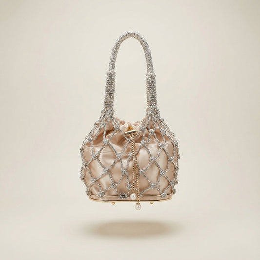Abby Bag champagne rhinestone bucket bag with crystal style handles and pearl pendant