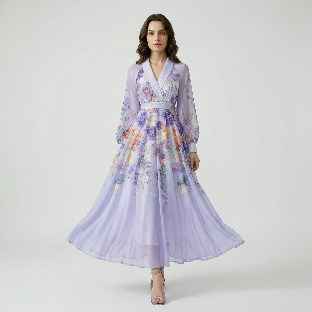 Addison Floral Chiffon Maxi Dress in Royal Purple featuring a botanical print and belted waist.