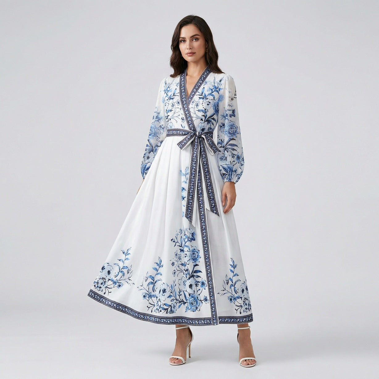 Adeline blue and white porcelain floral print maxi dress with V-neck and sheer lantern sleeves