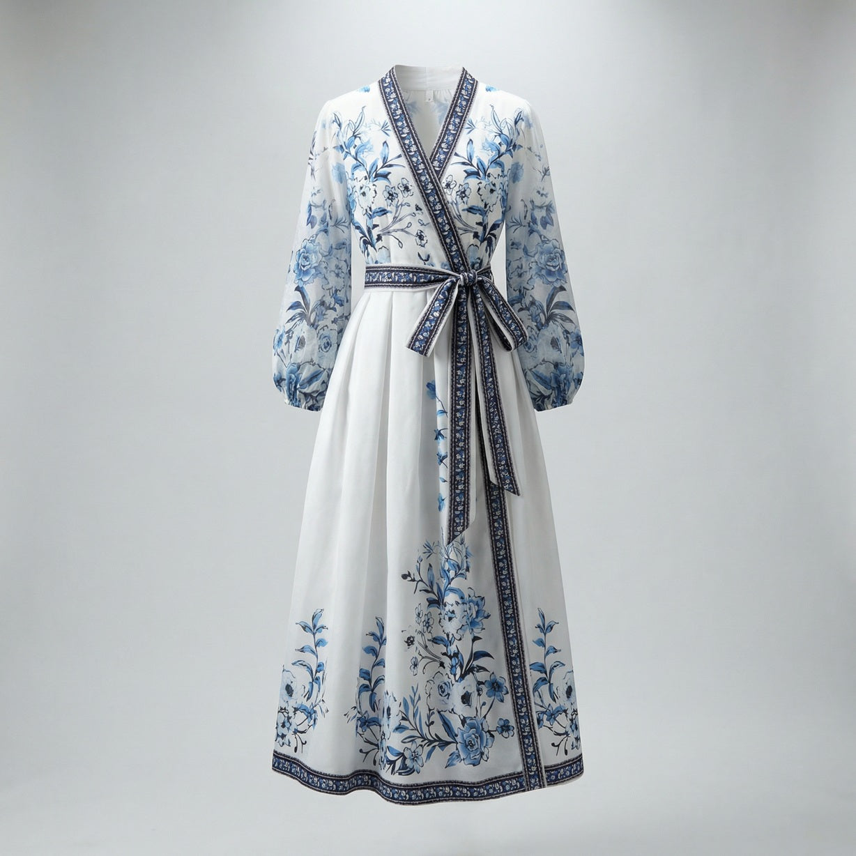 Adeline blue and white porcelain floral print maxi dress with V-neck and sheer lantern sleeves