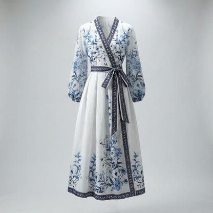 Adeline blue and white porcelain floral print maxi dress with V-neck and sheer lantern sleeves